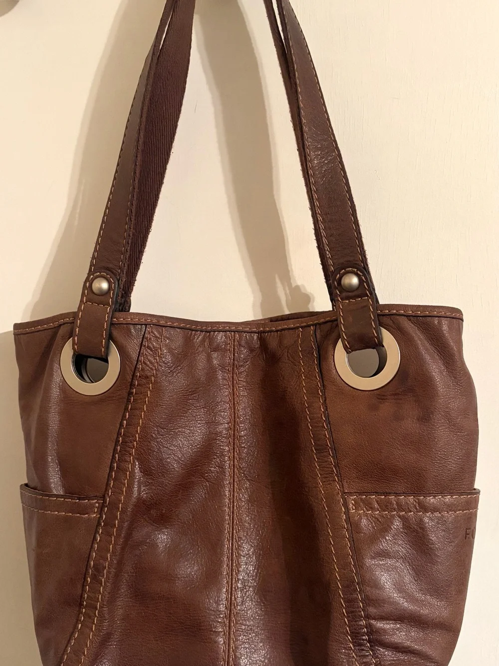 Fossil Brown Leather Shoulder Tote Bag Large Double Handle